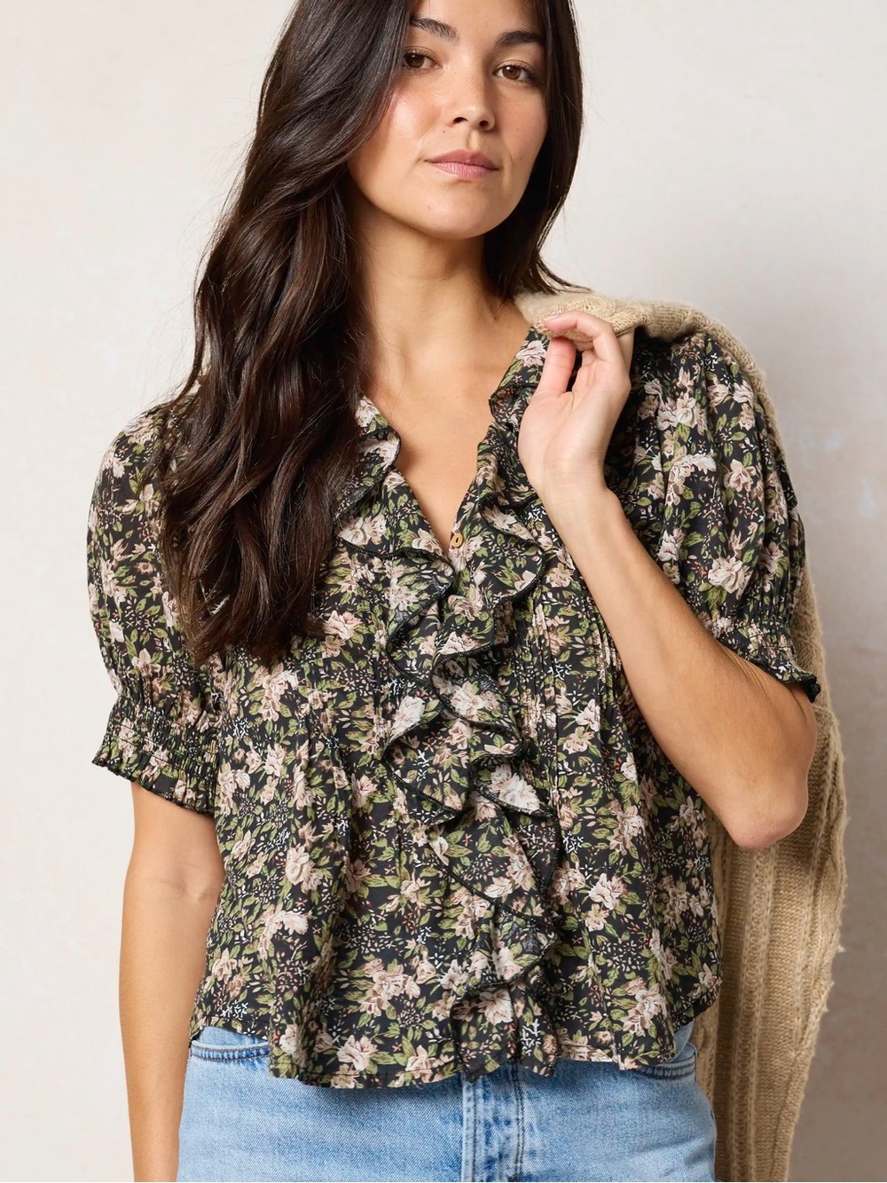 Natural Life Black Flung Floral My Favorite Cotton Top Puff-Sleeve Blouse Large